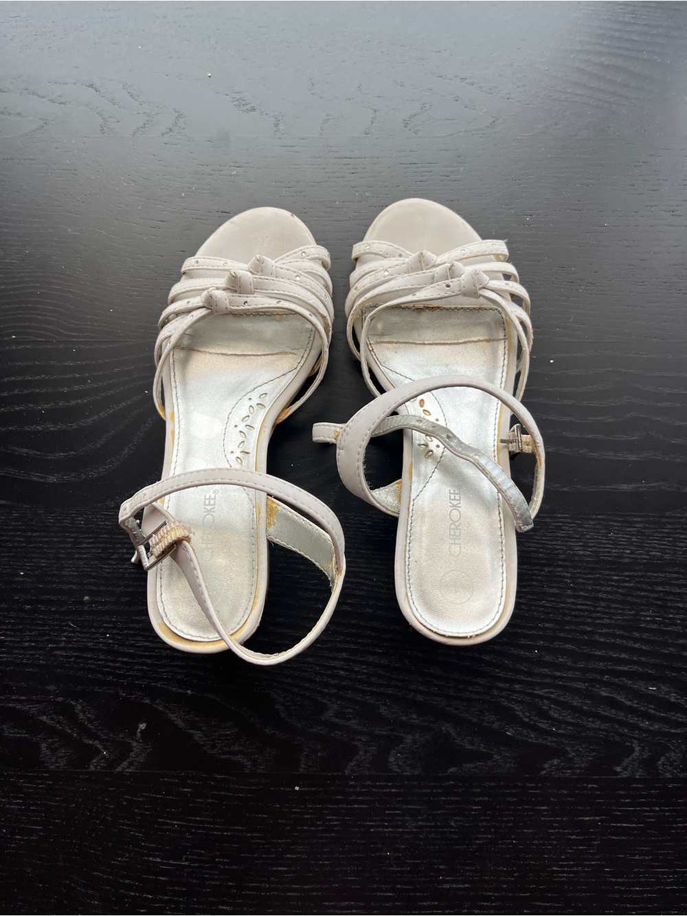 Cherokee White Faux Leather Strappy Block Heel Sandals Size 1 Rhinestone Girls